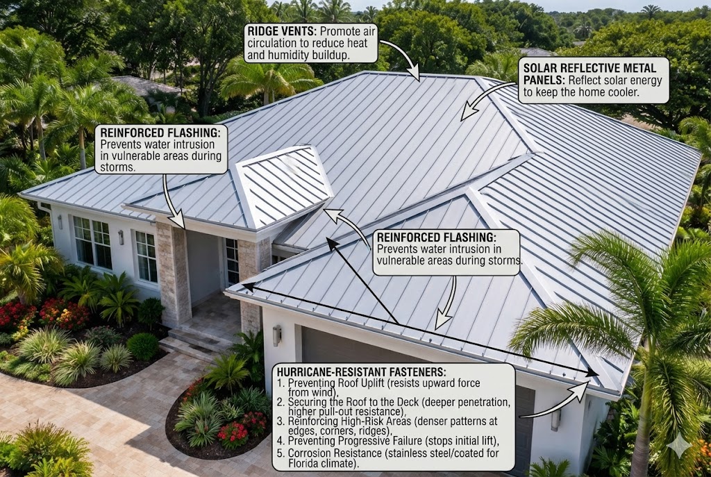 image of A Florida home with a metal roof engineered for extreme heat, high humidity, and hurricane conditions, showing reinforced fastening, proper ventilation, and water-management details.