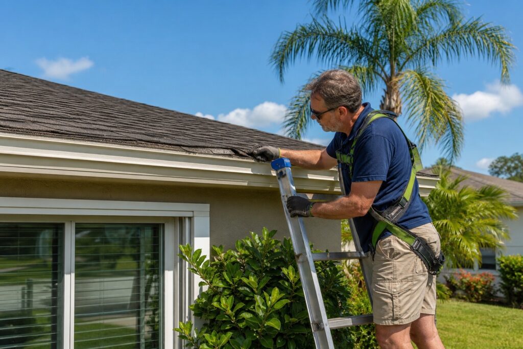 Florida homeowner on ladder inspecting asphalt shingle roof on suburban Tampa Bay home with palm trees