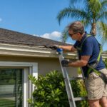 Florida homeowner on ladder inspecting asphalt shingle roof on suburban Tampa Bay home with palm trees