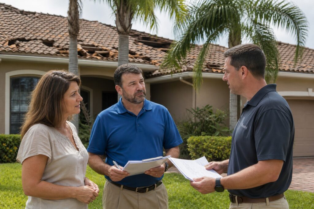 Tampa Bay homeowner reviewing roof damage estimates from insurance adjuster and roofing contractor