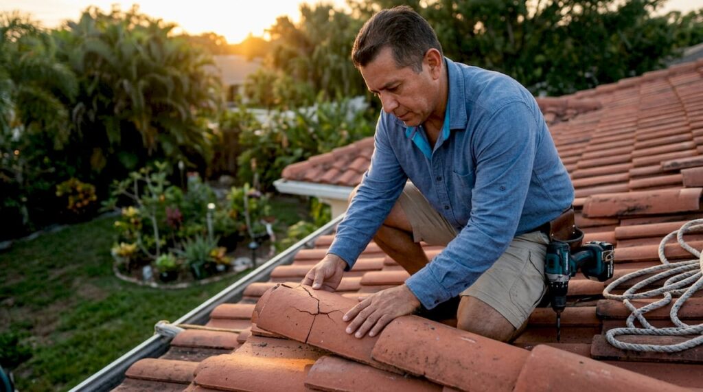 Man inspecting cracked tile roof in Florida