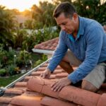 Man inspecting cracked tile roof in Florida