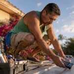 Homeowner inspecting metal roof leak outdoors