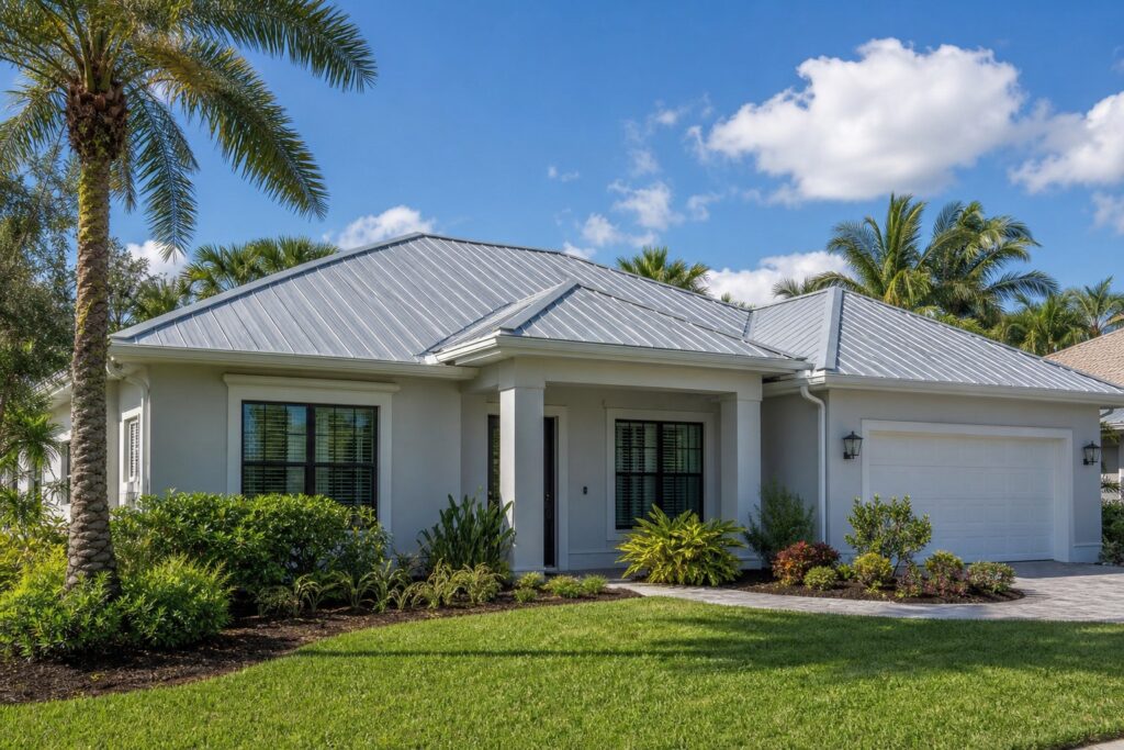 Standing seam metal roof on a suburban Tampa Bay home in Hillsborough County, Florida, under bright summer sky