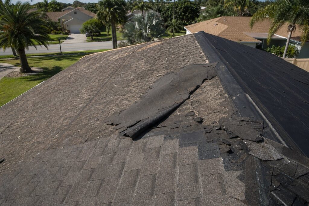 Multiple layers of asphalt shingles peeling back on a Florida home roof showing why roof-overs cause problems in Tampa Bay