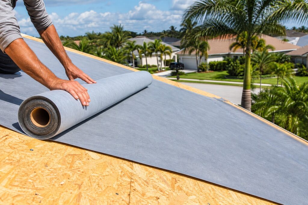Roofer installing synthetic underlayment on a residential roof deck in a Florida neighborhood with palm trees