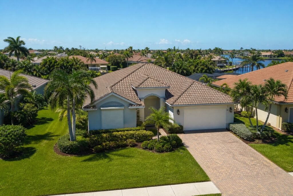 Vacant Florida home with hurricane shutters closed in a Tampa Bay neighborhood during summer hurricane season