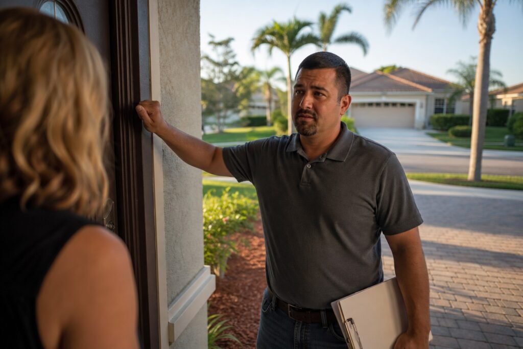 Door-to-door roofing contractor with clipboard approaching a Tampa Bay Florida home after a storm