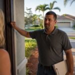 Door-to-door roofing contractor with clipboard approaching a Tampa Bay Florida home after a storm