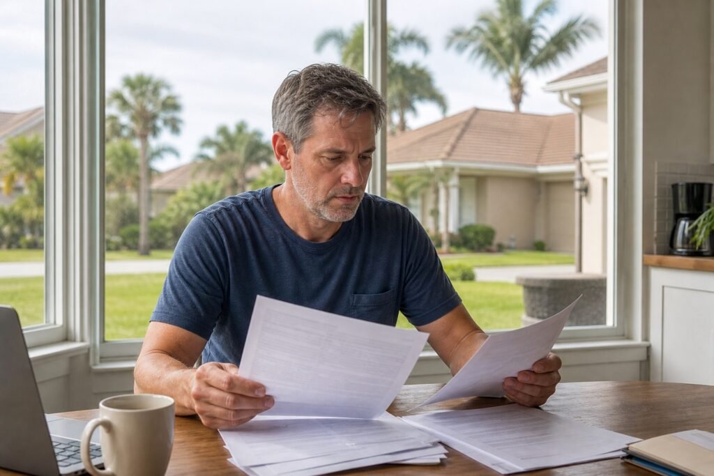 Tampa Bay homeowner reviewing roof warranty documents and insurance paperwork at kitchen table with Florida home visible through window