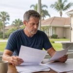 Tampa Bay homeowner reviewing roof warranty documents and insurance paperwork at kitchen table with Florida home visible through window