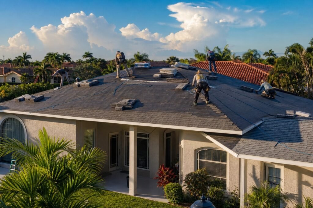 Roofing crew installing new asphalt shingles on a Brandon, Florida home on a sunny August morning in Hillsborough County