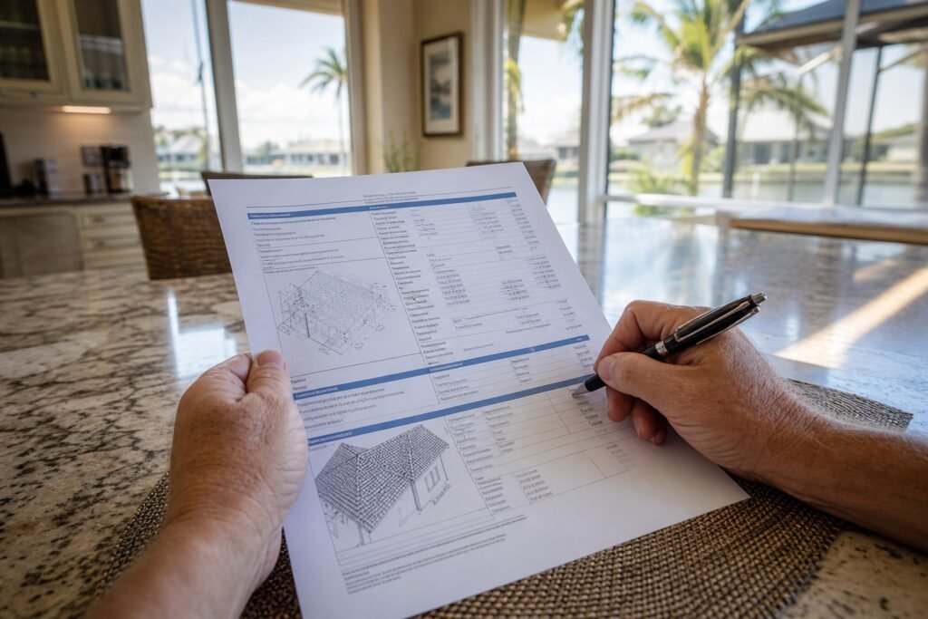 Homeowner reviewing a detailed roofing estimate document at a kitchen table in a Tampa Bay Florida home