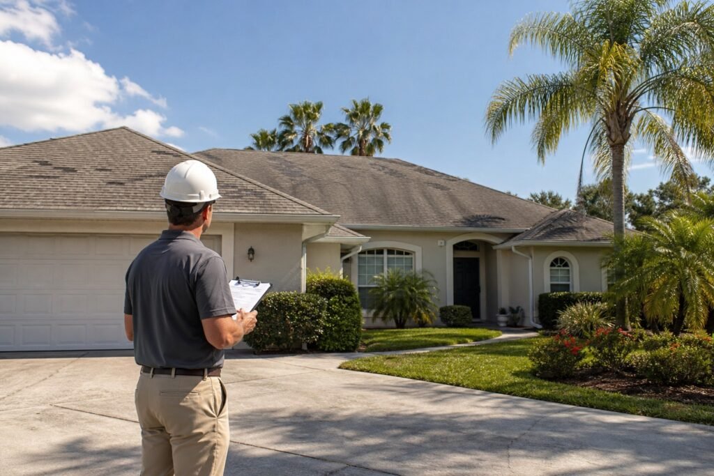 Tampa Bay homeowner inspecting an aging asphalt shingle roof with visible wear in a Florida suburban neighborhood