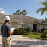 Tampa Bay homeowner inspecting an aging asphalt shingle roof with visible wear in a Florida suburban neighborhood