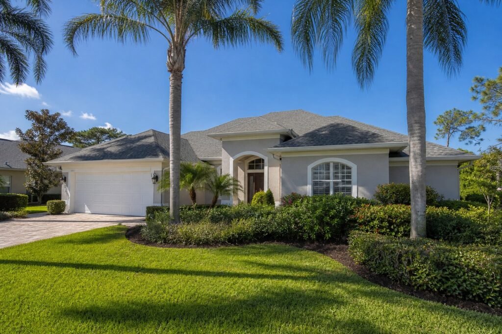 Tampa Bay Florida home with new architectural shingle roof in a residential neighborhood with palm trees