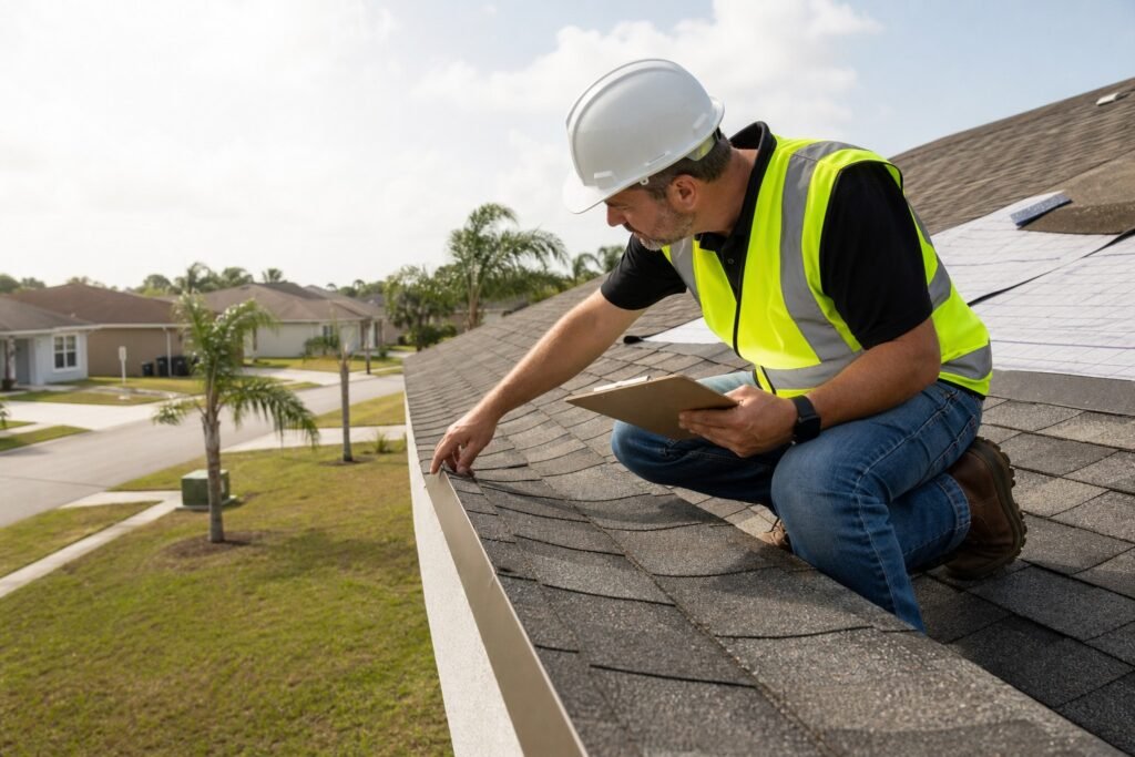Building inspector checking drip edge installation on a shingle roof of a Hillsborough County home near Brandon, Florida during a re-roof permit inspection