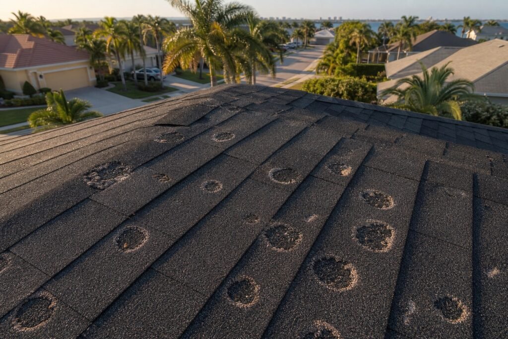 Hail damage on asphalt shingle roof in a Tampa Bay Florida neighborhood after a severe thunderstorm