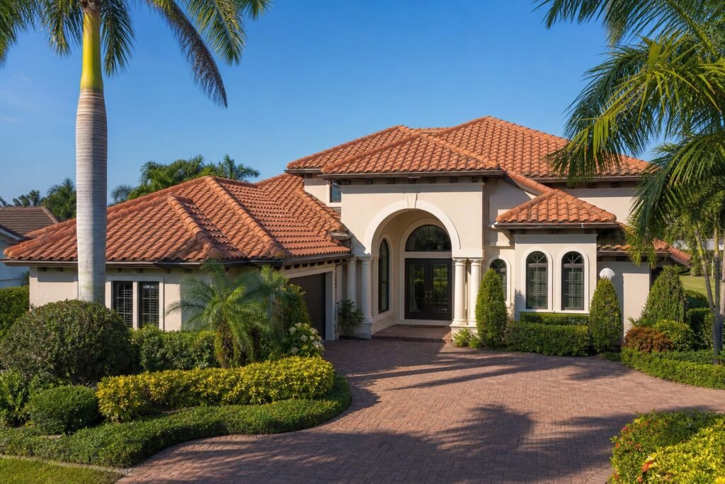 Concrete tile roof on a Florida home in a Tampa Bay suburban neighborhood with palm trees and blue sky