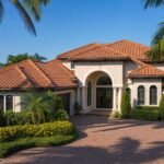 Concrete tile roof on a Florida home in a Tampa Bay suburban neighborhood with palm trees and blue sky