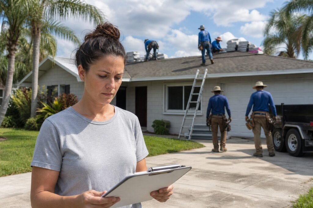 Tampa Bay homeowner reviewing a roofing contract on a tablet while a licensed roofing crew works on a suburban Florida home's shingle roof