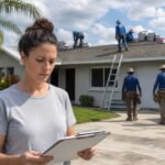 Tampa Bay homeowner reviewing a roofing contract on a tablet while a licensed roofing crew works on a suburban Florida home's shingle roof