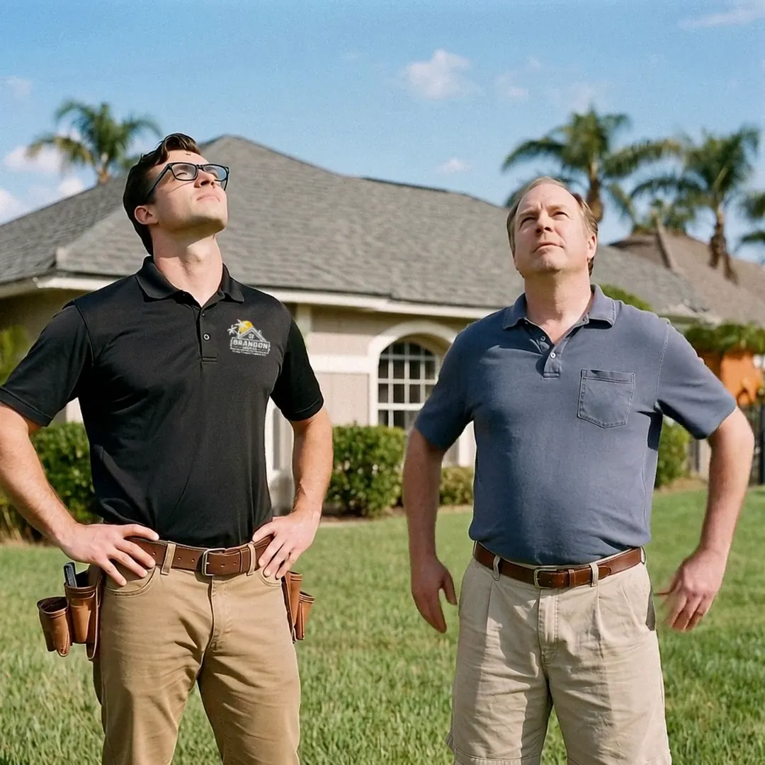 The roofer and the homeowner stand side by side, hands on hips, studying the roof