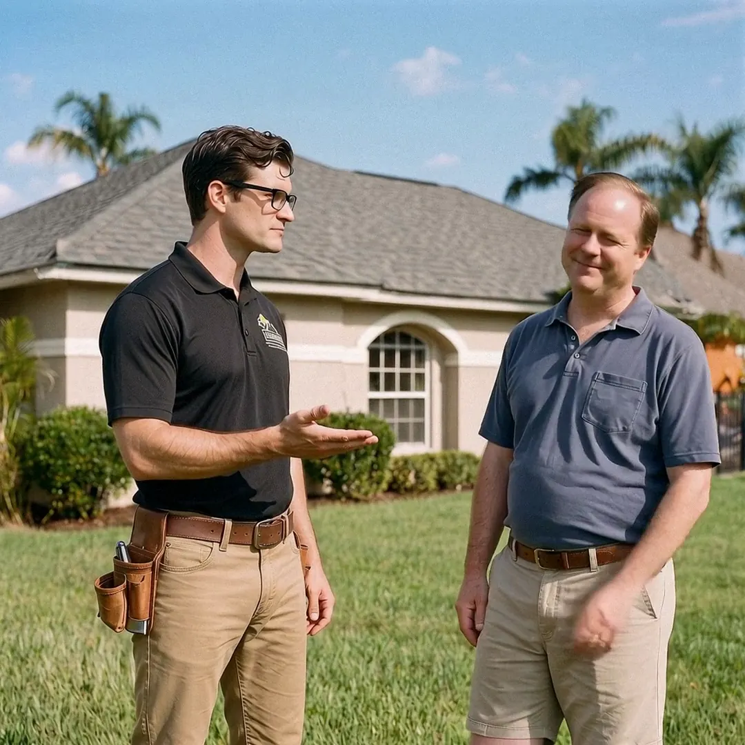 The roofer explains something while the homeowner smiles and nods