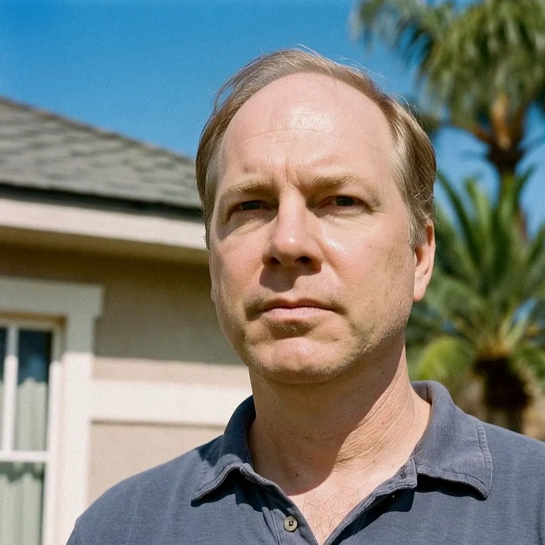 Close-up of the homeowner, deadpan, in front of the house