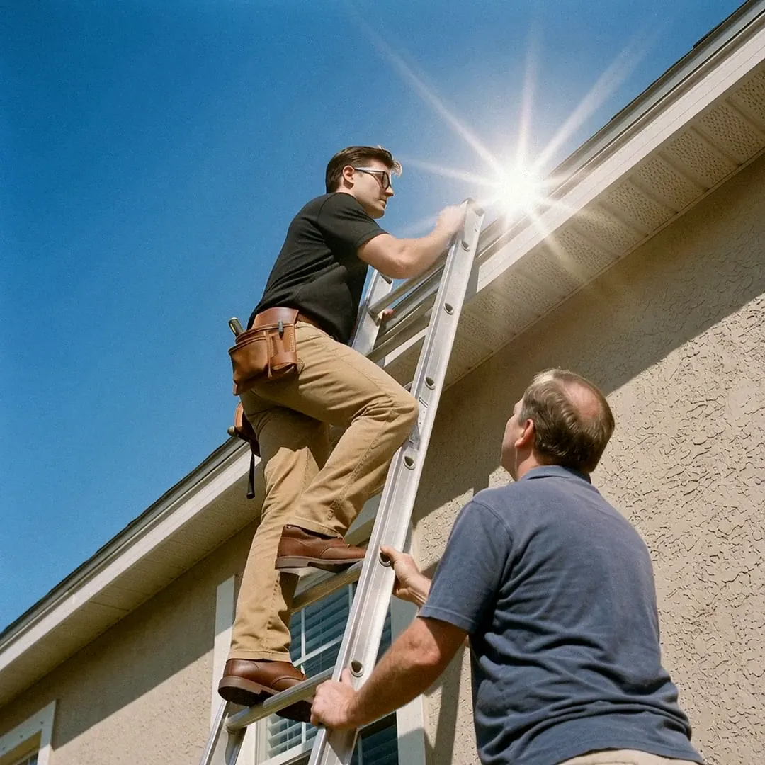 The homeowner holds the base of the ladder as the roofer climbs toward the roof