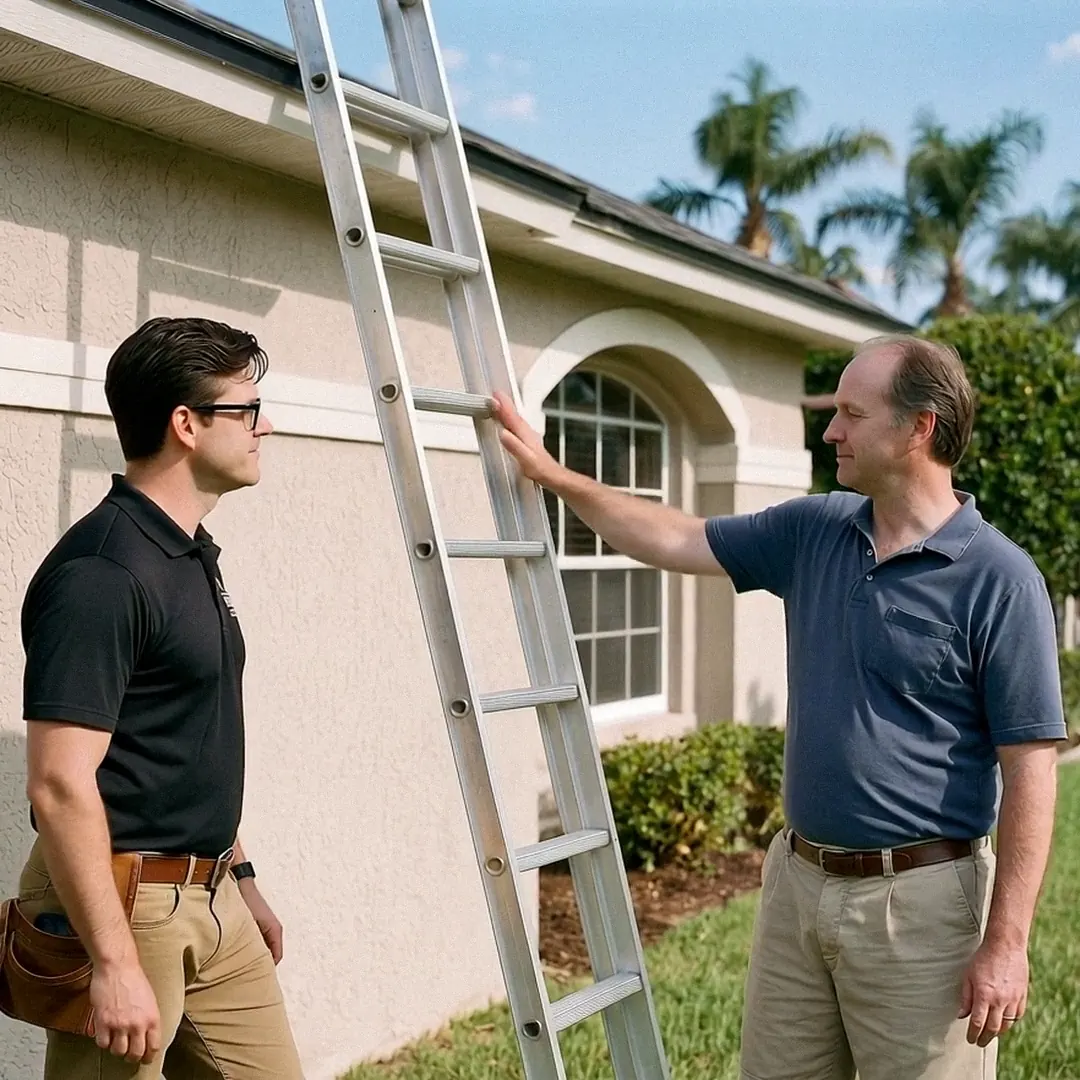 Back on the ground, the homeowner pats the ladder while the roofer stands nearby