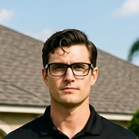 Alt-Kent, a tall roofer with dark hair, thick black glasses and a black Brandon Roofing polo
