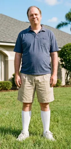 The homeowner, a man in his early 50s in a navy polo, khaki shorts and high white socks