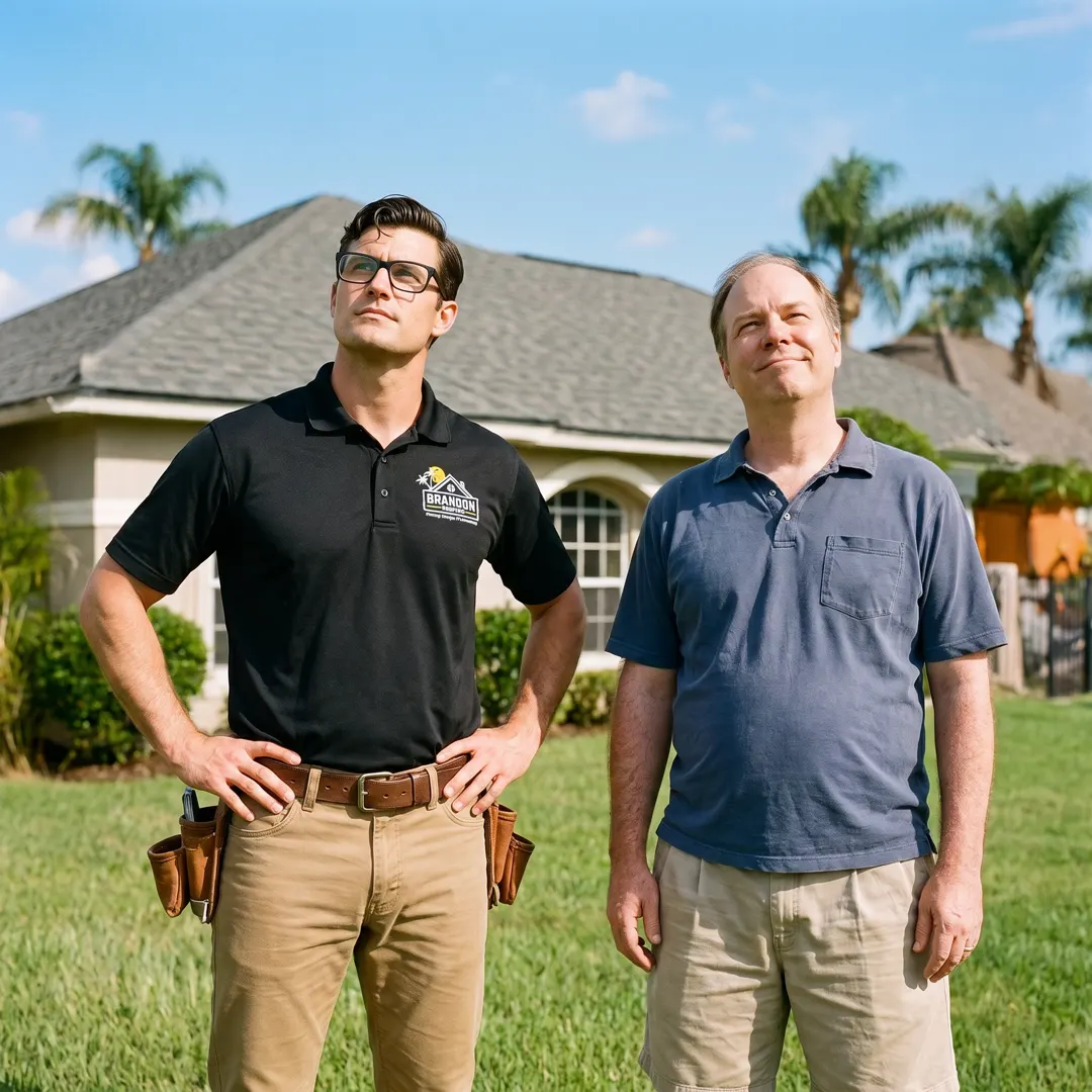 Alt-Kent, the Brandon Roofing roofer, and a homeowner stand in the yard with hands on hips, both looking up at the roof