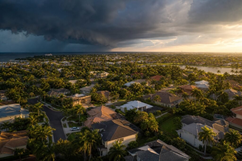 Aerial view of a Florida suburban neighborhood with tile and shingle roofs under dramatic storm clouds approaching Tampa Bay